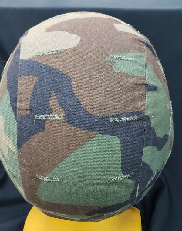 Military Helmet with Woodland Camo Cover and Leather Liner