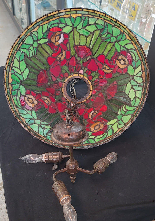 Vintage Tiffany Style Red Poppy Leaded Glass Chandelier 20" x 10" GS00685