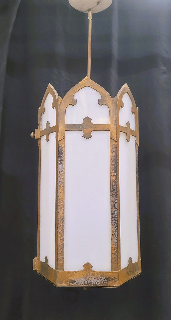 Gothic Brass Pendant Light w/ White Opaque Glass Panels 34" x 12" GS00953