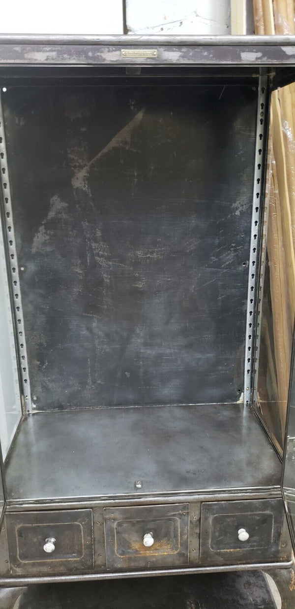 Antique Steel Medical Cabinet Beveled Glass 3 Drawers & Cabriole Legs GA9499