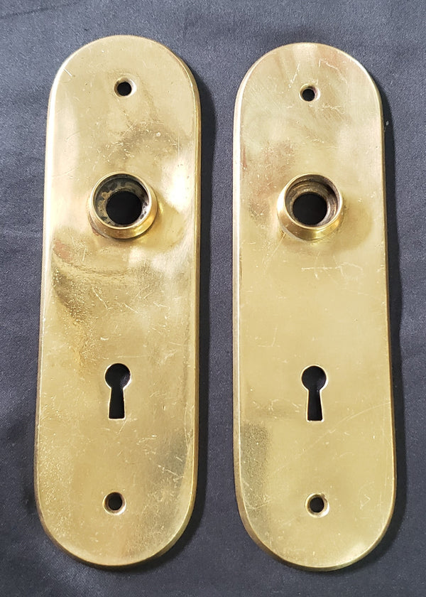 Restored Solid Brass Oval Doorknob Backplates w/ Keyholes 7 1/4" x 2 1/8 GA279