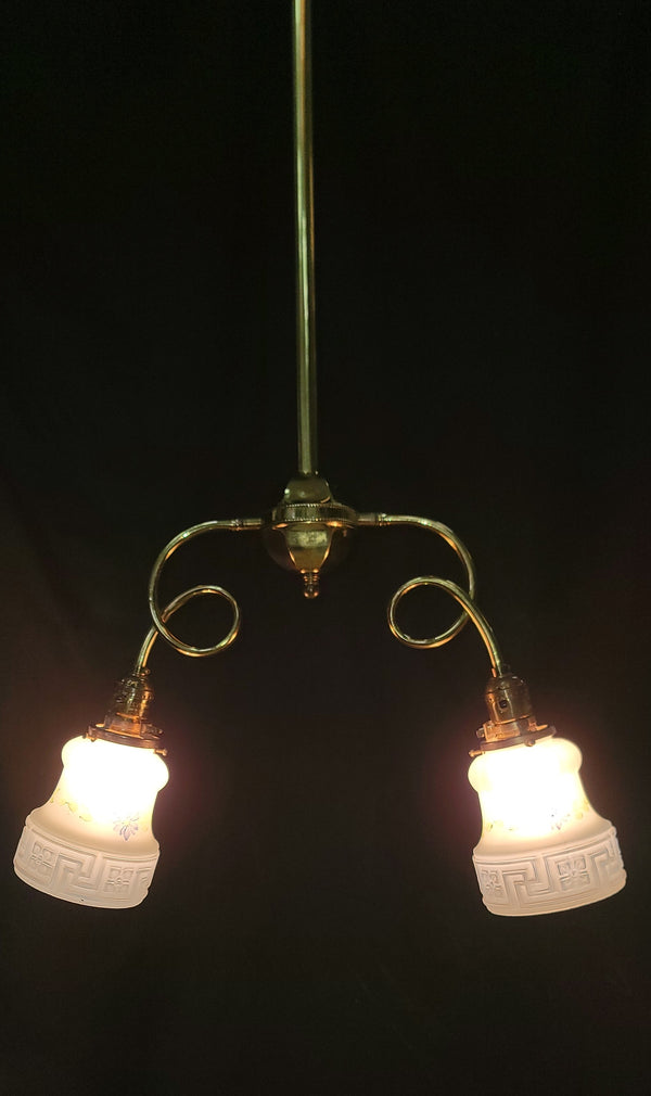 Restored Victorian 2 Light Brass Chandelier w/ Shades 19 1/2" x 45" GS00994