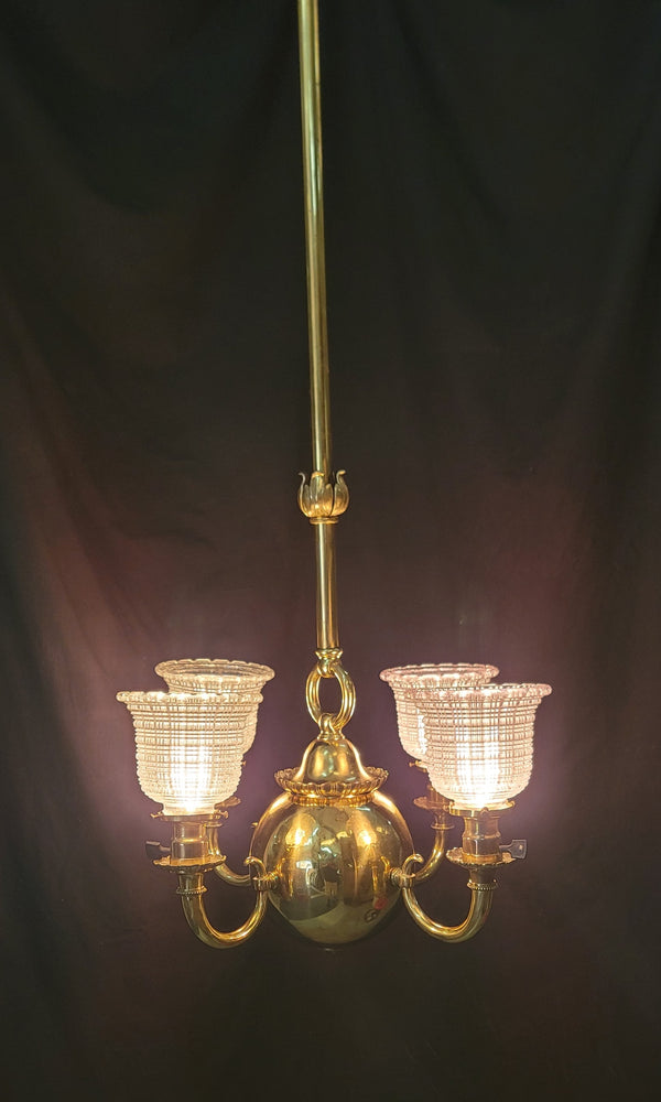 Restored 4 Light Brass Chandelier w/ Hyalophane Shades 20" x 52" GS01001