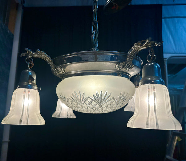 Restored Art Deco Chrome Plate 5-Light Pan Chandelier GA21012