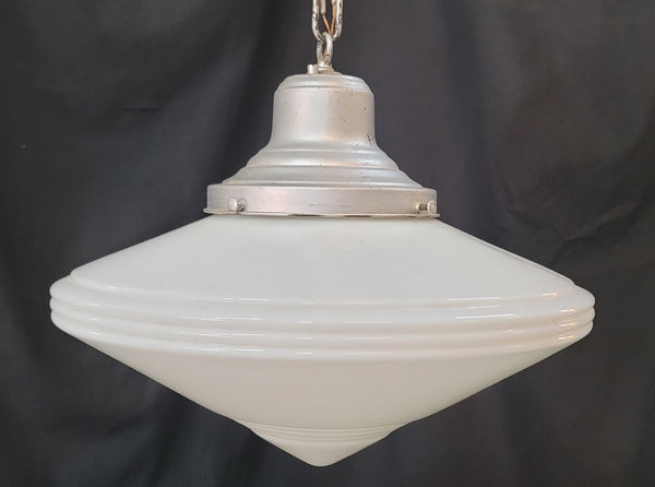 Vintage Art Deco Pendant Light w/ White Bullseye Pointed Shade GS01028