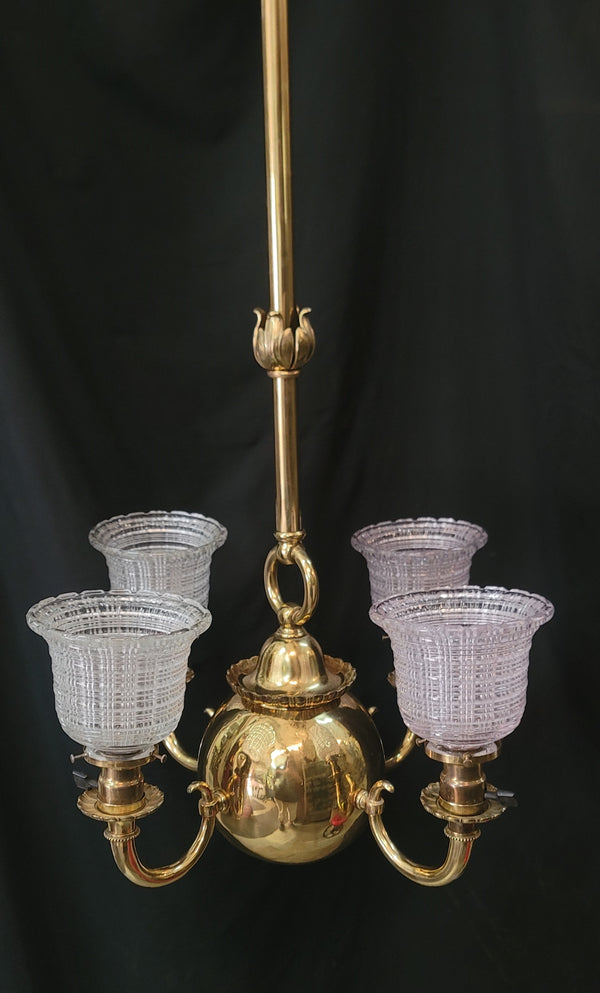 Restored 4 Light Brass Chandelier w/ Hyalophane Shades 20" x 52" GS01001