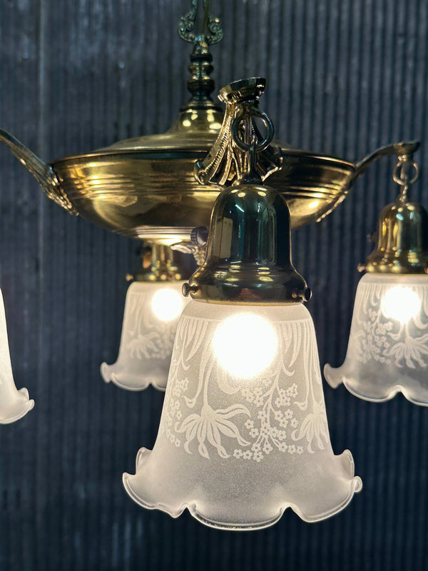 Restored Antique Brass Pan 4-Arm Chandelier GA21007