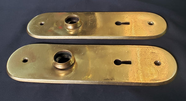 Restored Solid Brass Oval Doorknob Backplates w/ Keyholes 7 1/4" x 2 1/8 GA279