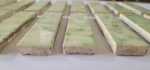 Vintage Lot of 19 Green & Ivory Ceramic Fireplace Tiles 6" x 1 1/2" GS00677