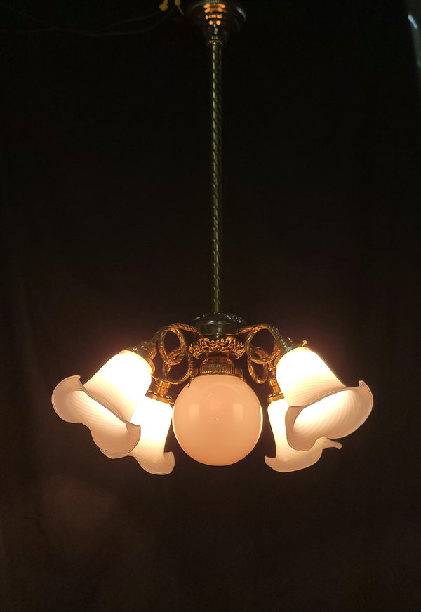 5 Light Ornate Brass Chandelier w/ White Striped Shades 25" x 36" GS00983