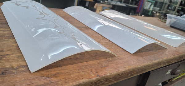 Set of 3 Victorian White Cased Curved Etched Glass Panels 24" x 10" GS00780