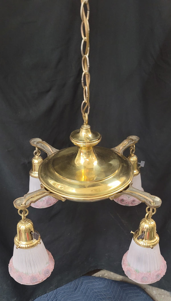 Restored Victorian 4 Light Brass Pan Chandelier w/ Shades 18" x 20" GS00993