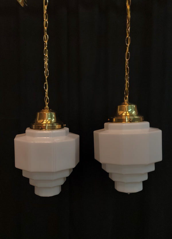 Restored Pair of Art Deco Glass Pendant Light Fixtures w/ Chain & Cap GS01008