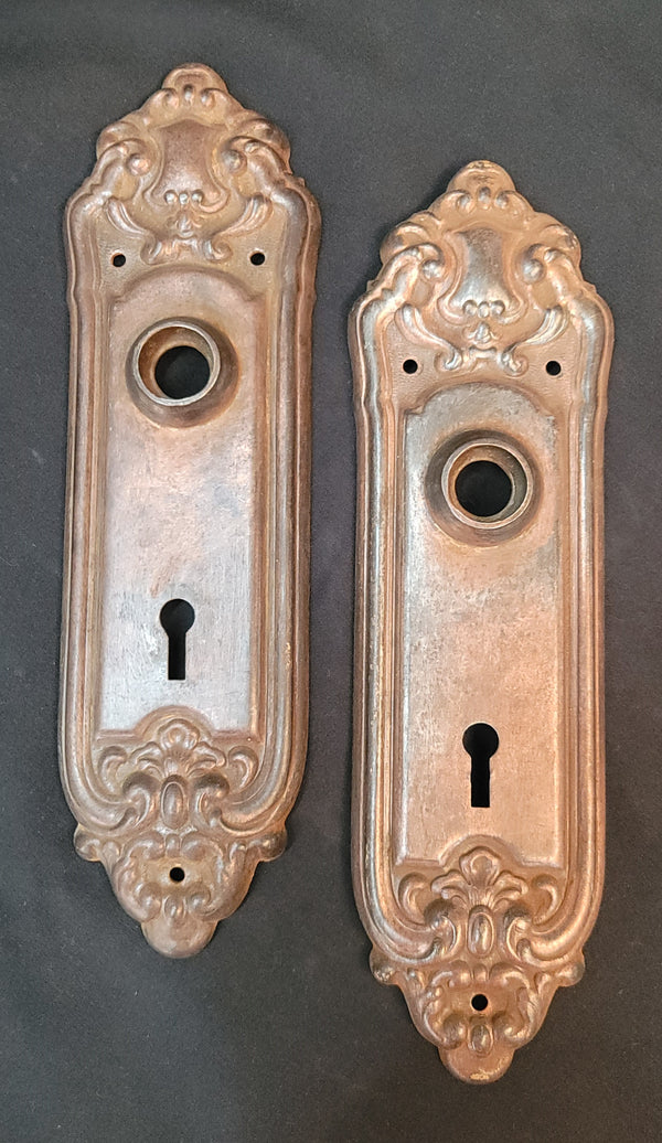 Pair of Restored Art Nouveau Door Knob Back Plates 8 1/4" x 2 3/8" GS00584