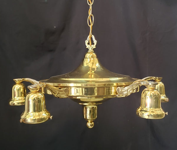 Restored 5 Light Brass Pan Chandelier 20" x 10" w/ Chain & Ceiling Cap GS00973