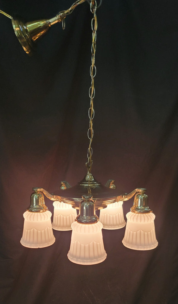 Restored 5 Light Brass Victorian Pan Chandelier w/ Textured White Shades GS01021