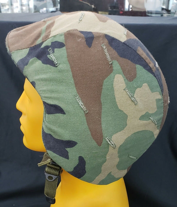 Military Helmet with Woodland Camo Cover and Leather Liner