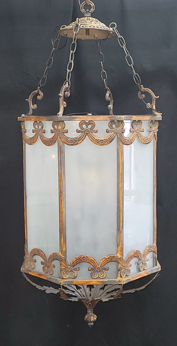 Large Octagon Shaped 4 Light Iron & Glass Chandelier 44" T x 19 1/2" W GS00951