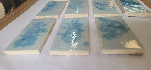 Vintage Lot of 10 Columbia Blue & Ivory Fireplace Tiles 6" x 3" GS00678