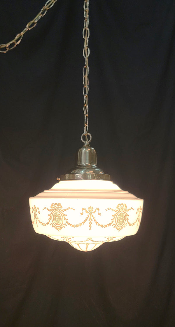 Restored Victorian Brass Pendant Light w/ Ornate Shade GS01029