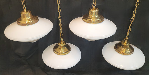 Set of 4 Restored Art Deco Brass Pendant Lights w/ Pointed Bullseye Shades GS01032