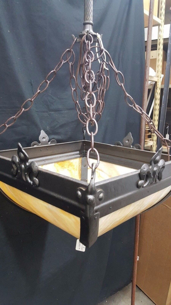 Large Square Wrought Iron and Stained Glass 4 Light Ceiling Fixture Chandelier