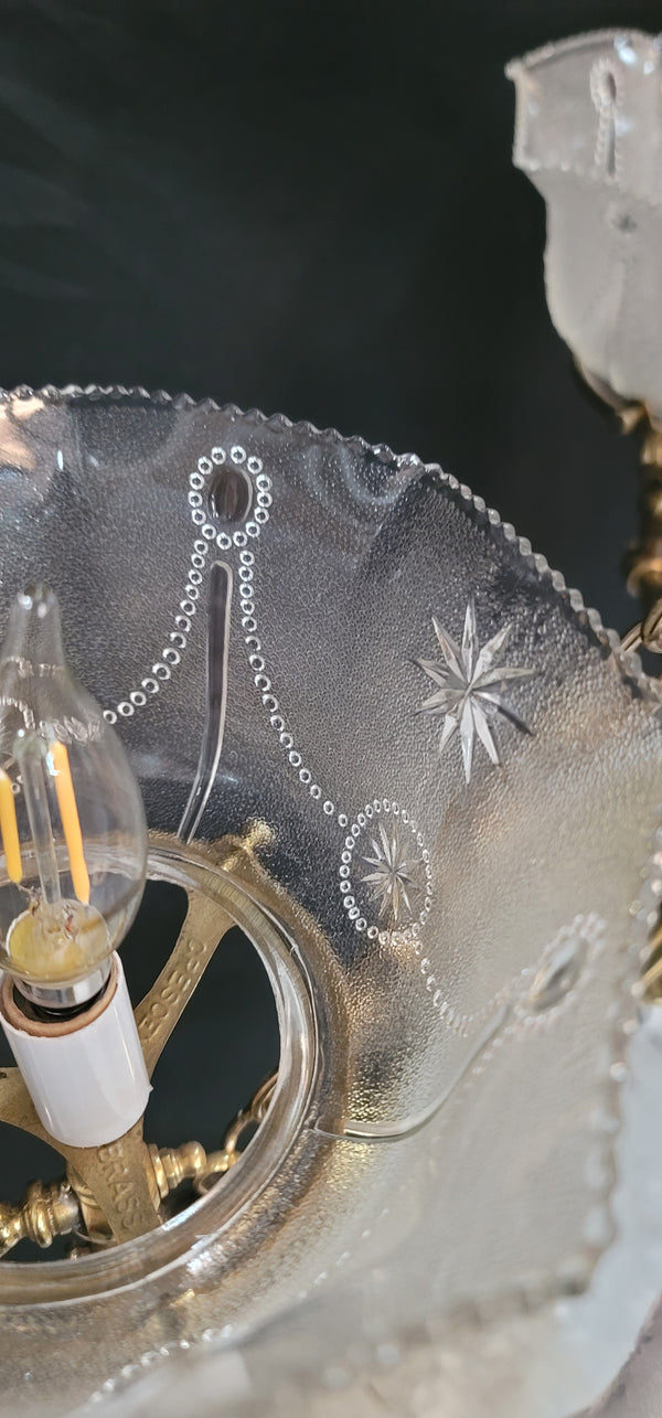 Restored Gas Converted 6 Light Brass Chandelier w/ Shades 31" T x 21" GS00948