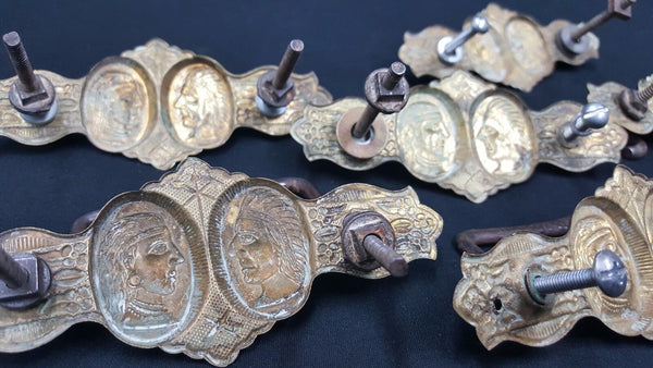 Architectural Salvage Brass Double Indian Head Design Drawer Pulls Set of 6