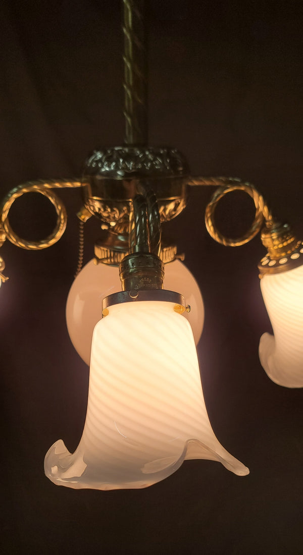 5 Light Ornate Brass Chandelier w/ White Striped Shades 25" x 36" GS00983