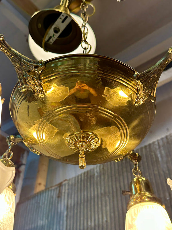 Restored Antique Brass Pan 4-Arm Chandelier GA21007