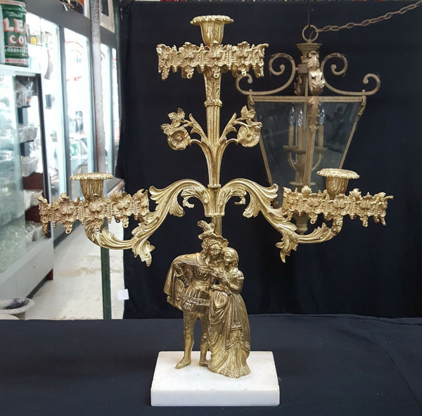 Antique Ornate Solid Brass Candelabra with Renaissance Design on Marble Base