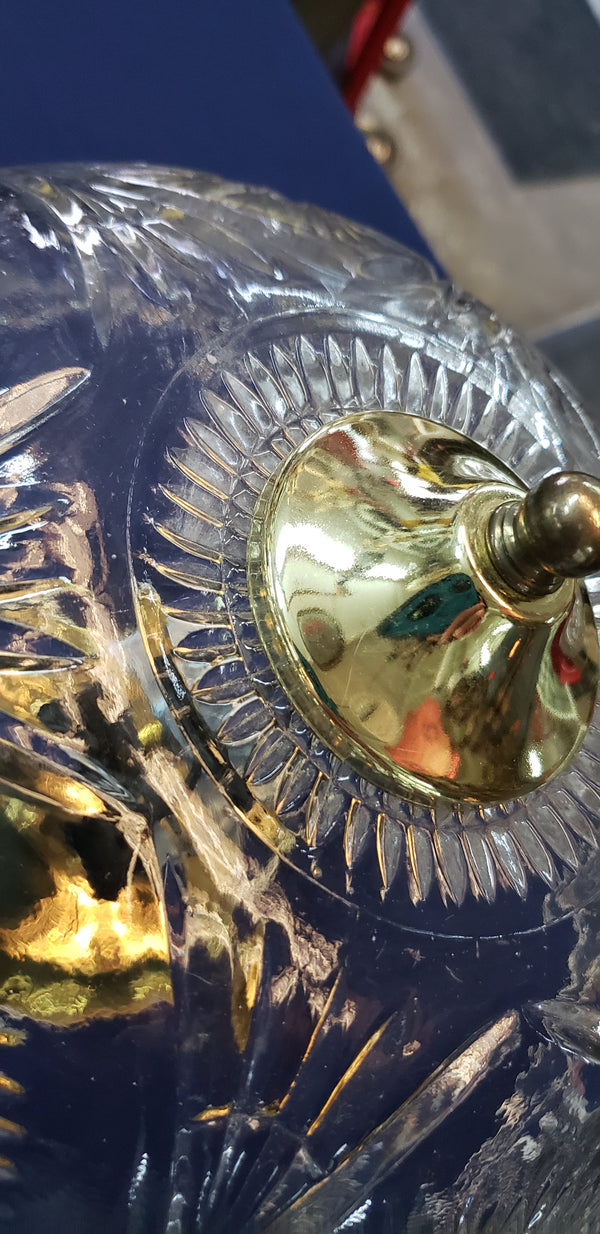 Vintage Crystal Clear Leaded Glass & Brass Flush Mount Ceiling Light 12" GS00831