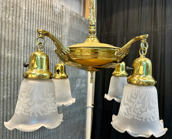Restored Antique Brass Pan 4-Arm Chandelier GA21007