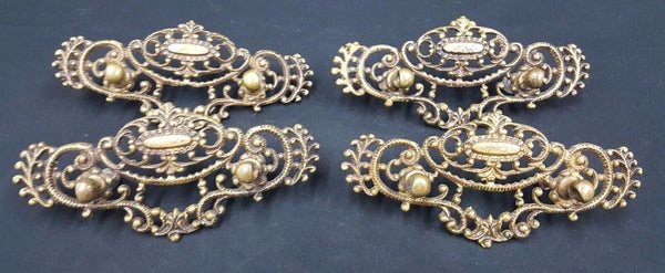 Architectural Salvage Victorian Ornate Brass Filigree Wide Drawer Pulls Set of 4