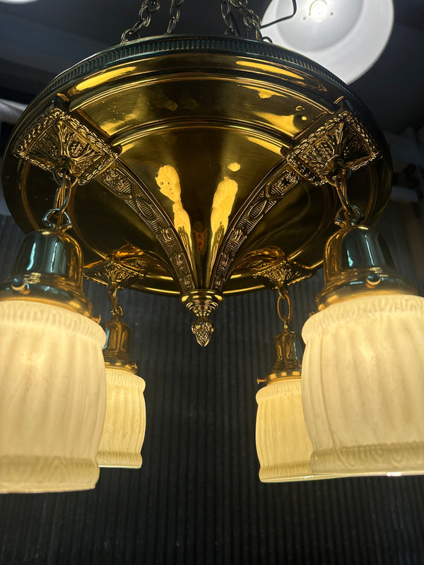 Restored Antique Brass Pan 4-Arm Triple Chain Chandelier GA21008