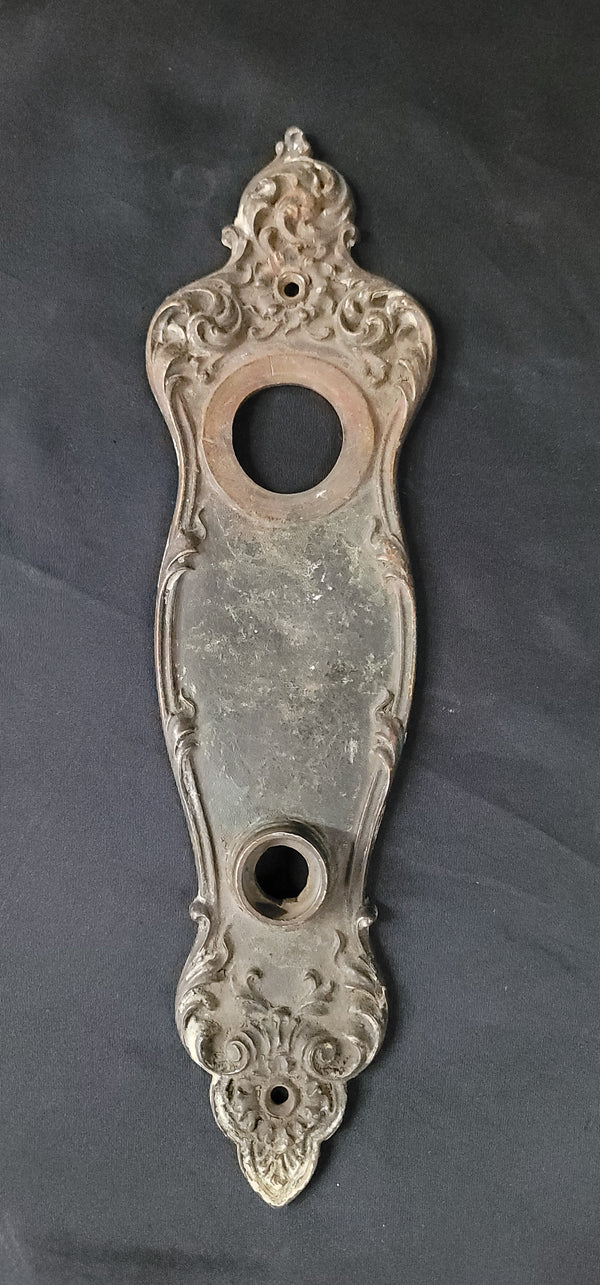 Art Nouveau Brass Door Knob Backplate w/ Dead Bolt Hole 11" x 3" GS00874