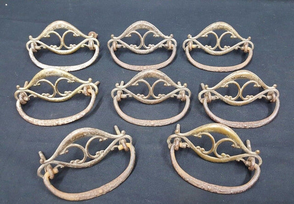 Architectural Salvage Brass Filigree Scroll Design Pull Drawer Handles Set of 8