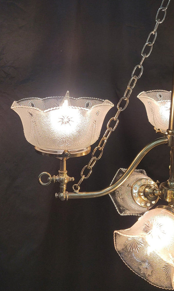 Restored Gas Converted 6 Light Brass Chandelier w/ Shades 31" T x 21" GS00948