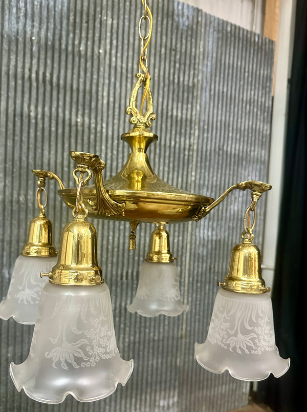 Restored Antique Brass Pan 4-Arm Chandelier GA21010