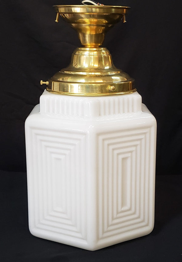 Restored Brass Art Deco Flush Mount Light w/ White Geometric Shade GA40711