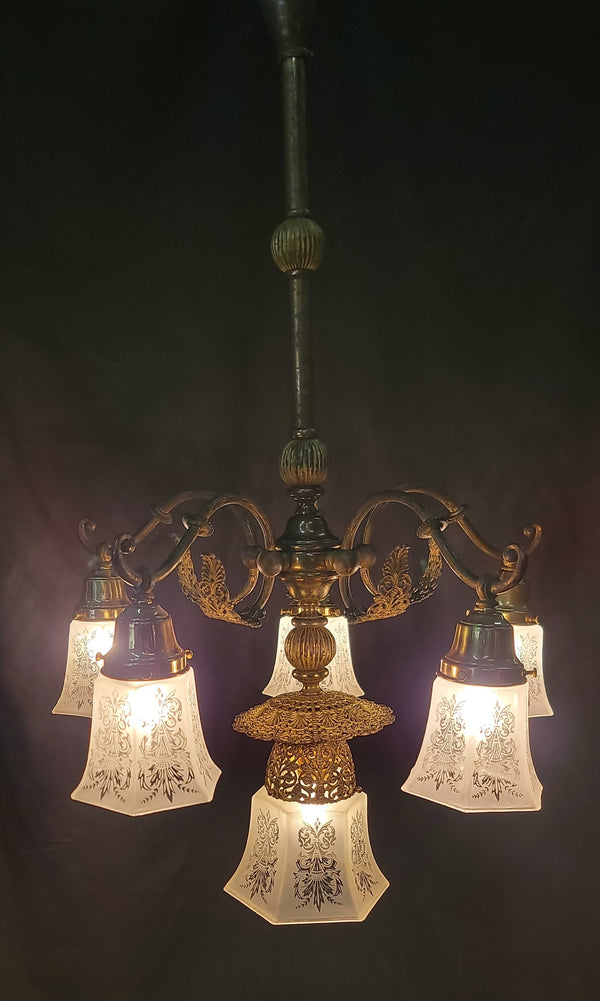 Ornate 6 Light Victorian Chandelier w/ Fluted Etched Shades 24" x 36" GS00997