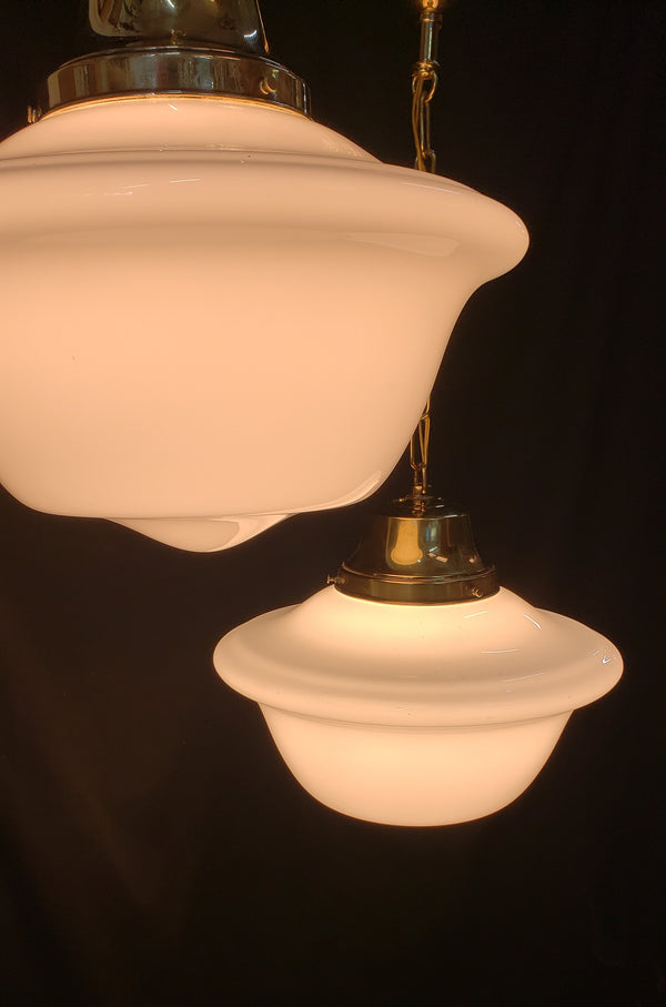 Pair of Restored Brass Pendant Lights w/ White Shades GS01080