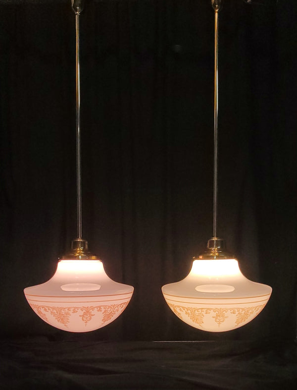Restored Pair of Pendant Light Fixtures w/ Ornate Shades 17" x 35" GS01014