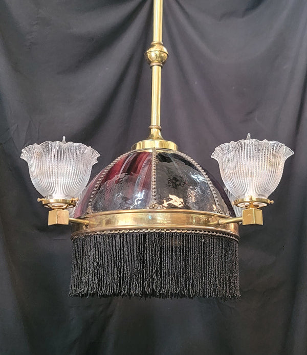 Restored Victorian 6 Light Chandelier w/ Slag Glass & Shades 26" x 35" GS01071