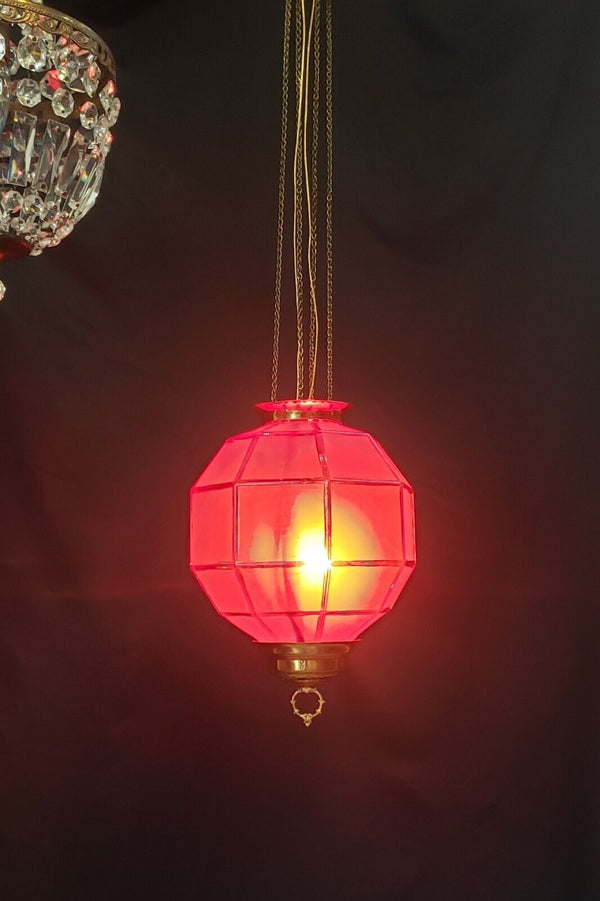 Red Frosted Octagon Hanging Oil Lamp Electrified with Brass Fitters GS00125