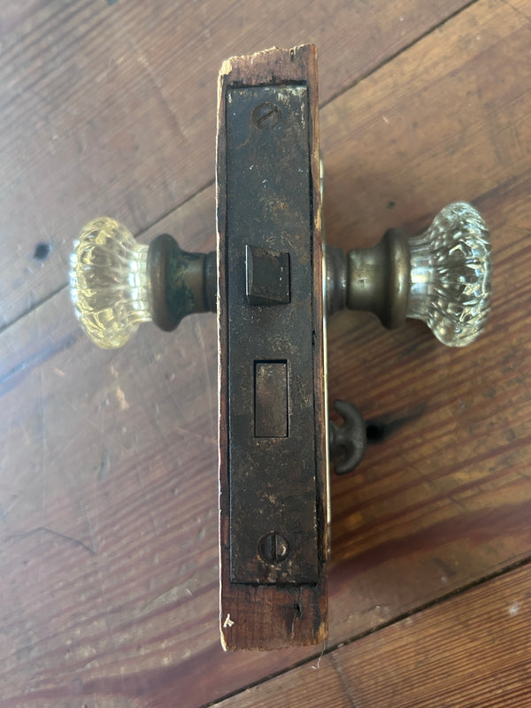 Antique Art Deco Salvaged Mortise Lock Set Encased in Wood GS010971