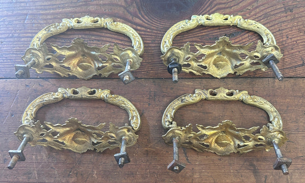 4 Antique Ornate Brass 3" Green Man Drawer Pulls GS010967