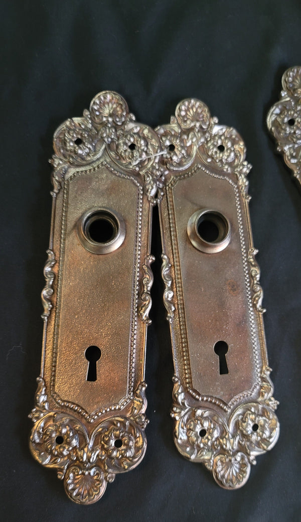 Restored Art Nouveau Door Knob Back Plates - 2 Pair 8 3/4" x 2 1/2" GS00581