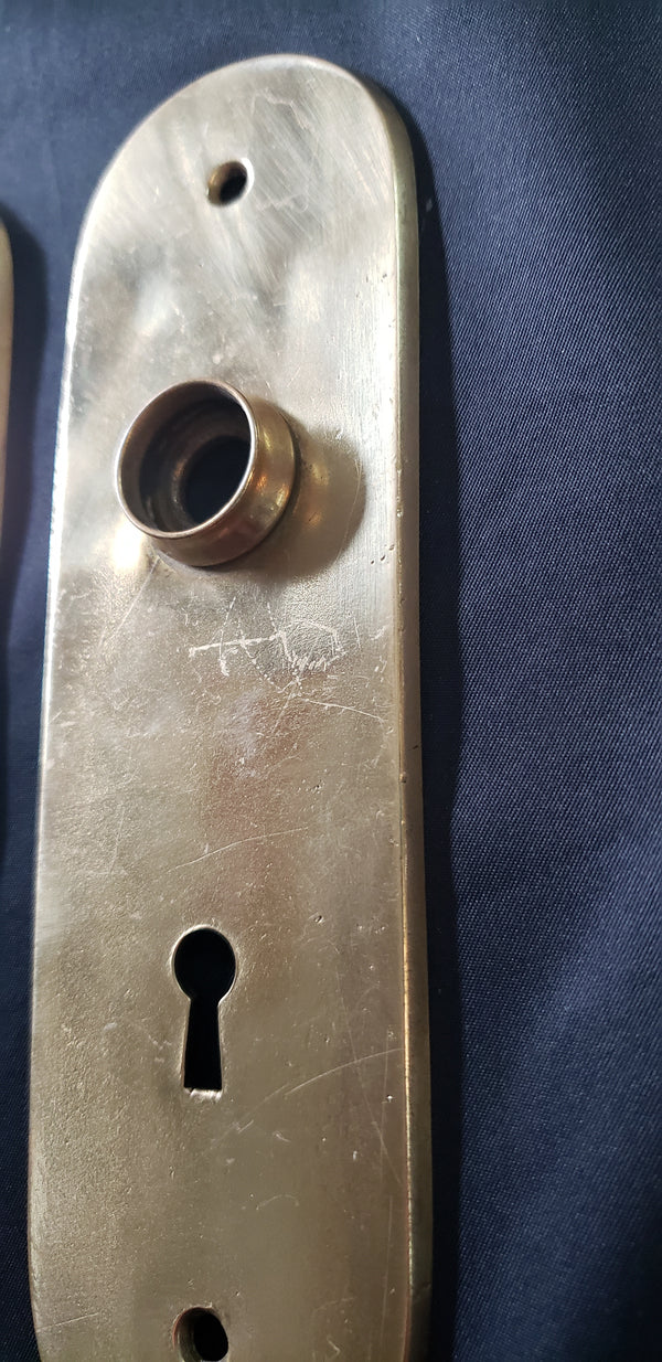 Restored Solid Brass Oval Doorknob Backplates w/ Keyholes 7 1/4" x 2 1/8 GA279