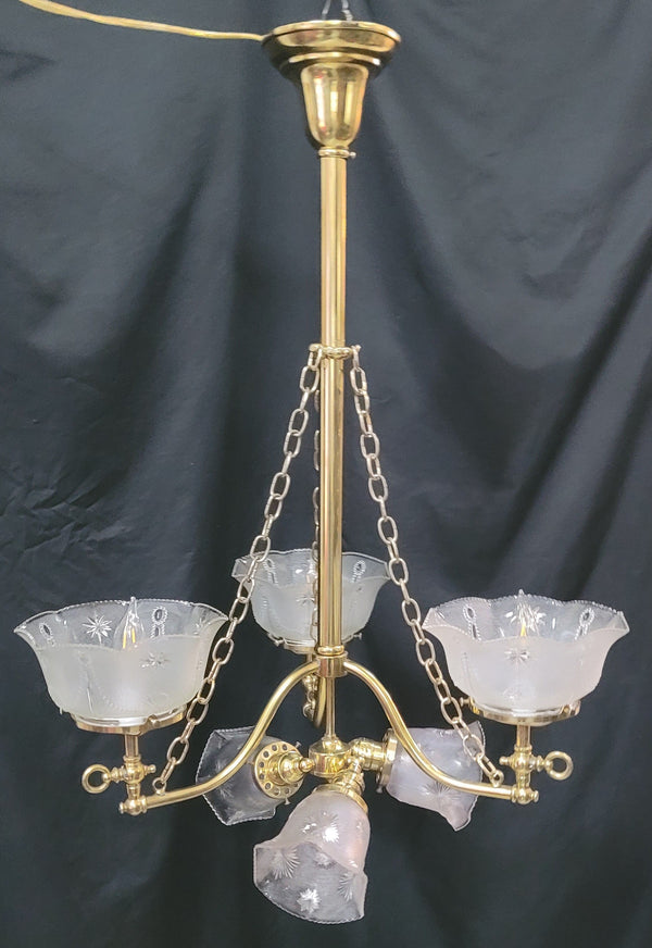 Restored Gas Converted 6 Light Brass Chandelier w/ Shades 31" T x 21" GS00948